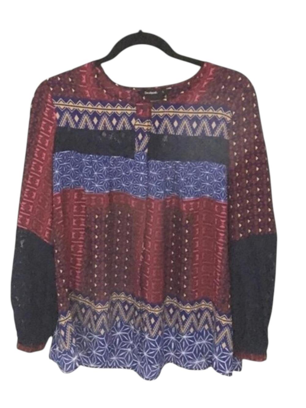 Desigual 𑁍 Mona Fucsias Boho Lace Sleeve Printed Button Down Shirt 𑁍 Blue Pink - Picture 7 of 16
